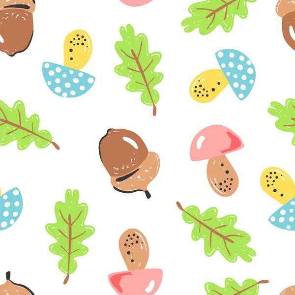 Forest simple sketh drawn by hand pattern with mushroom, acorn, oak, oak leaf, leaf seamless pattern. For wallpapers, web background, textile, wrapping, fabric, kids design.