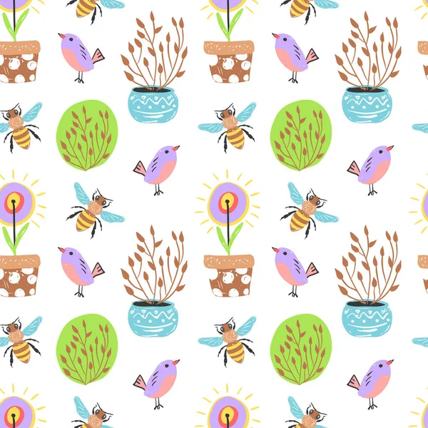 Sketh simple forêt dessiné à la main motif sans couture avec des oiseaux, bière, fleurs à la maison. Pour fonds d'écran, toile de fond, textile, emballage, tissu, design pour enfants. Style scandinave — Image vectorielle