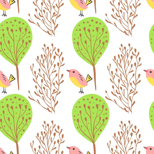 Floresta simples sketh desenhado mão sem costura padrão com pássaros e floresta. Para papéis de parede, fundo da web, têxtil, embrulho, tecido, crianças design. Estilo escandinavo — Vetor de Stock
