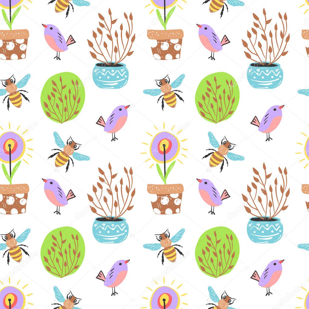 Forest simple sketh drawn hand seamless pattern with birds, beer, home flowers. For wallpapers, web background, textile, wrapping, fabric, kids design. Scandinavian style