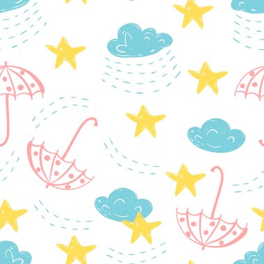 Gökyüzü basit sketh el karikatür tarzı bulut, şemsiye, yağmur, yıldız ile seamless modeli tarafından çizilmiş. İçin duvar kağıtları, web arka plan, tekstil, kumaş, sarma, tasarım çocuklar.