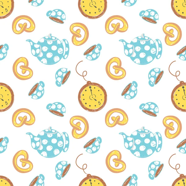Tea time simple sketh drawn by hand seamless pattern in cartoon style with watch, cup, brezel, teapot, bakery. For wallpapers, web background, textile, wrapping, fabric, kids design. — Stock Vector