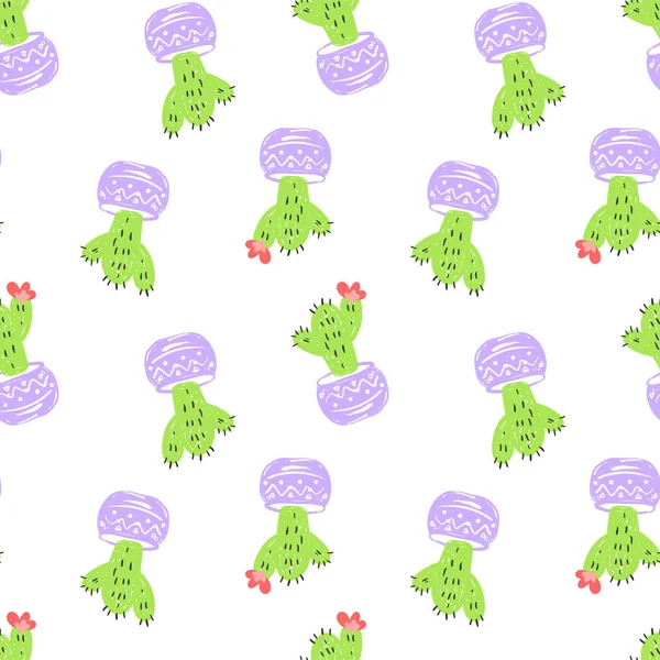 Cactus simple sketh drawn hand seamless pattern in cartoon style. For wallpapers, web background, textile, wrapping, fabric, kids design. Green color — Stock Vector