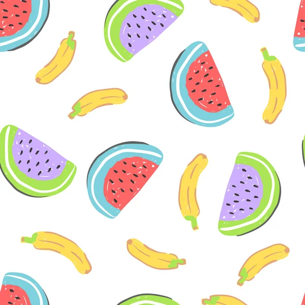 Food simple sketh drawn hand seamless pattern with banana, watermelon, red, yellow and purple colors. For wallpapers, web background, textile, wrapping, fabric, kids design — Stock Vector