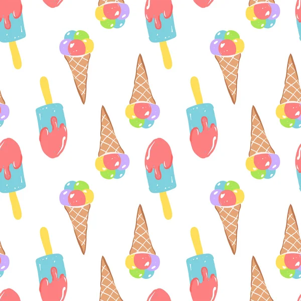 Ice cream simple sketh drawn by hand seamless pattern in cartoon style with cone, eskimo. For wallpapers, web background, textile, wrapping, fabric, baby design. Bright color — Stock Vector