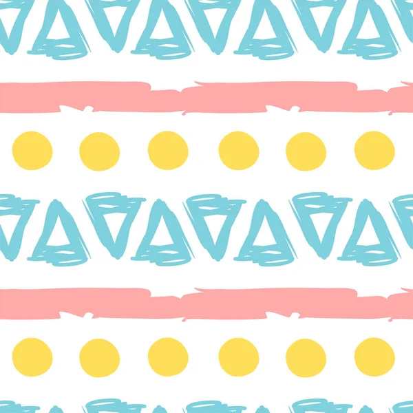Геометрический простенький узор без швов с ярко-желтыми точками, голубыми треугольниками и розовыми полосками. Например, обои, веб-фон, текстиль, обертка, детский дизайн. Скандинавский стиль — стоковый вектор