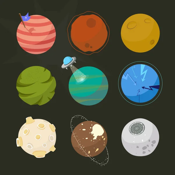 Espaciar planetas para el diseño, planetas ficticios, brignt espacio estilo de dibujos animados — Vector de stock