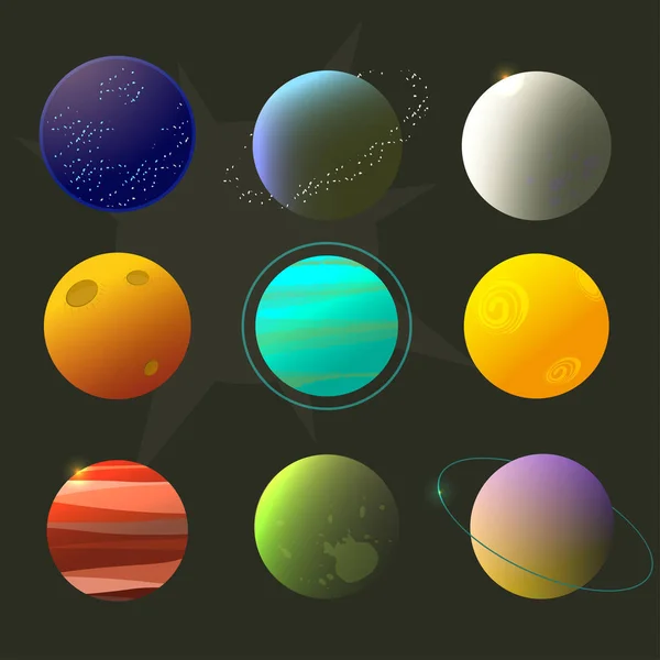 Espalhe planetas para design, planetas fictícios, estilo de desenho animado do espaço brignt — Vetor de Stock