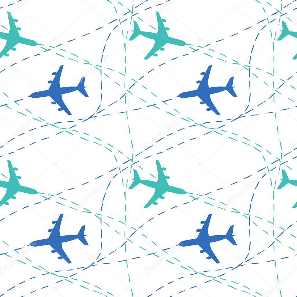 Plane pattern, seamless pattern with planes, blue plane on white