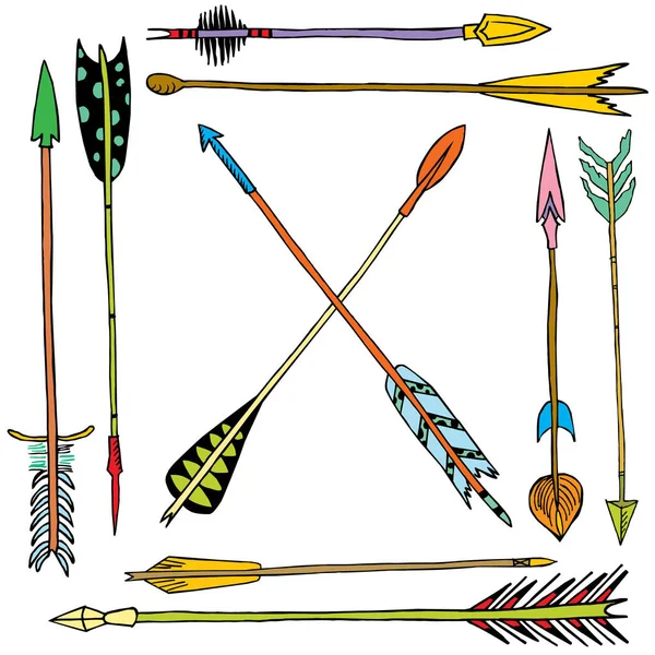 Elle çizilmiş etnik koleksiyonu tasarım, rustik dekoratif okları, hippi ve boho stil vektör çizim için ok ile