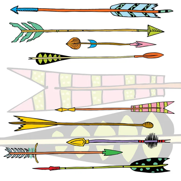 Colección étnica dibujada a mano con flechas para el diseño, flechas decorativas rústicas, hippie e ilustración vectorial de estilo boho — Vector de stock