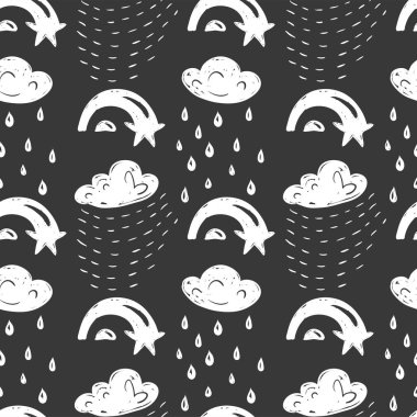 Gökyüzü basit sketh el karikatür tarzı bulut, şemsiye, yağmur, yıldız ve rainbow ile seamless modeli tarafından çizilmiş. İçin duvar kağıtları, web arka plan, tekstil, kumaş, sarma, tasarım çocuklar.