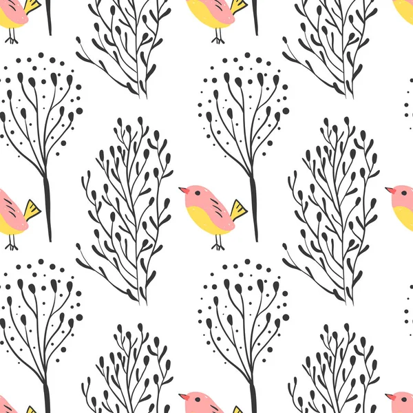 Forest simple sketh drawn hand seamless pattern with birds and forest . For wallpapers, web background, textile, wrapping, fabric, kids design. Scandinavian style — Stock Vector