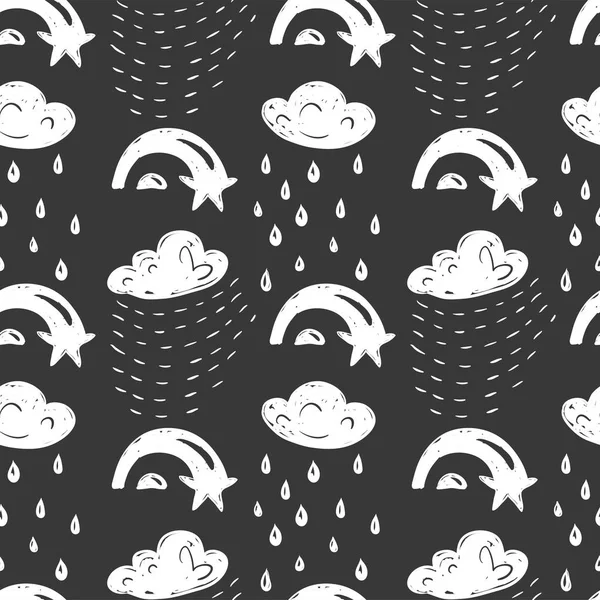 Gökyüzü basit sketh el karikatür tarzı bulut, şemsiye, yağmur, yıldız ve rainbow ile seamless modeli tarafından çizilmiş. İçin duvar kağıtları, web arka plan, tekstil, kumaş, sarma, tasarım çocuklar.