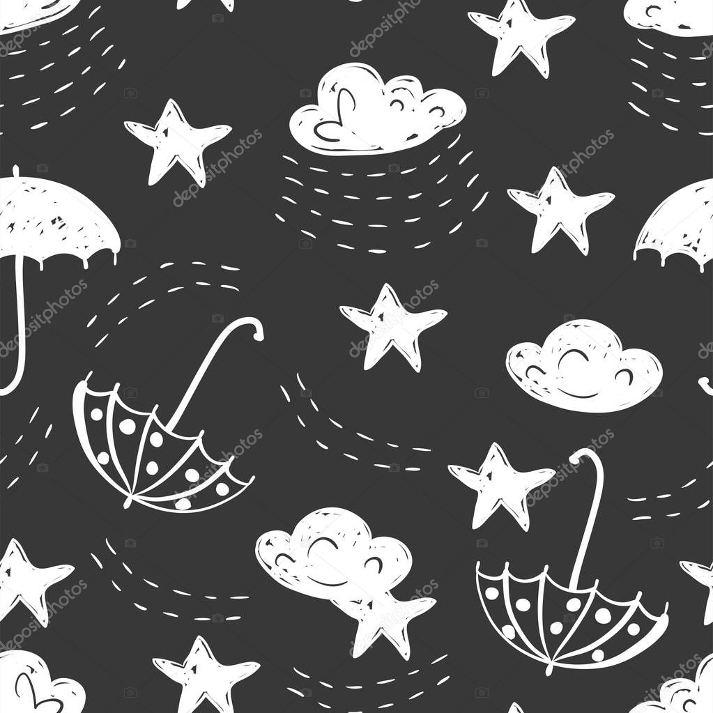 Sky simple sketh drawn by hand seamless pattern in cartoon style with cloud, umbrella, rain, star. For wallpapers, web background, textile, wrapping, fabric, kids design