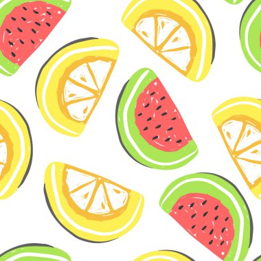 Karpuz seamless modeli. Taze karpuz ve turuncu yaz detoks