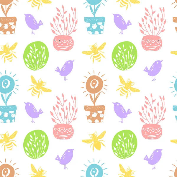 Forest simple sketh drawn hand seamless pattern with birds, beer, home flowers. For wallpapers, web background, textile, wrapping, fabric, kids design. Scandinavian style — Stock Vector