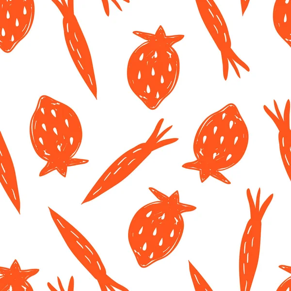 Dibujo dibujado a mano patrón sin costuras con zanahorias, fresas, bayas, naranja, amarillo, rojo, jardín. Para fondos de pantalla, fondo web, textil, envoltura, tela, diseño de niños . — Vector de stock