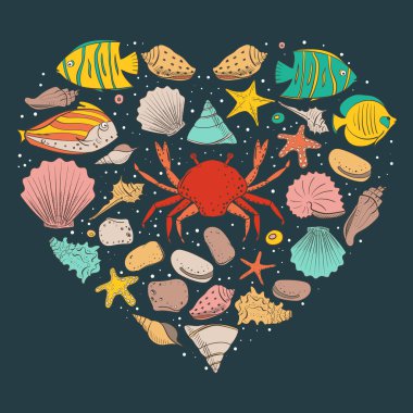 Formla deniz hayvanı kabuğu, deniz yıldızı, sakin, taş kalp. Vektör tasarımı deniz beach tarzı için ayarla. Renkli egzotik kabukları ve sualtı hayvanlar.