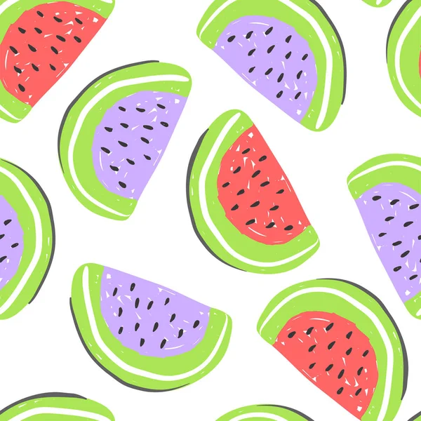 Melon d'eau et fruits exotiques motif sans couture. Pastèques fraîches rd et violettes, fruits tropicaux détox d'été — Image vectorielle