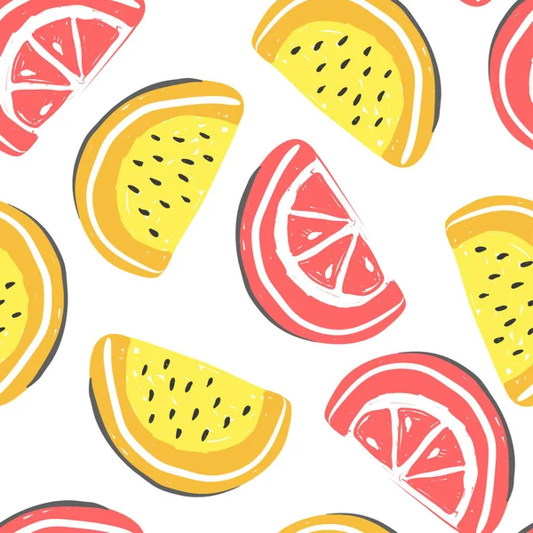 Toronja y sandía frutas exóticas patrón sin costura. Melón fresco y pomelo, frutas tropicales desintoxicación de verano — Vector de stock