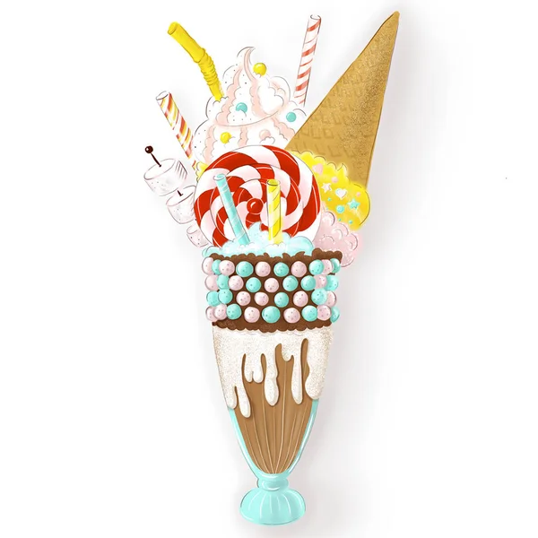 Grande batido com sorvete, doces, marshmallow, creme e pirulito. Doce e bela sobremesa milkshake gigante. Clipart para um restaurante ou menu de café. Cor — Vetor de Stock