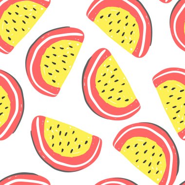 Karpuz seamless modeli. Taze sarı ve kırmızı karpuz, tropik meyveler yaz detoks