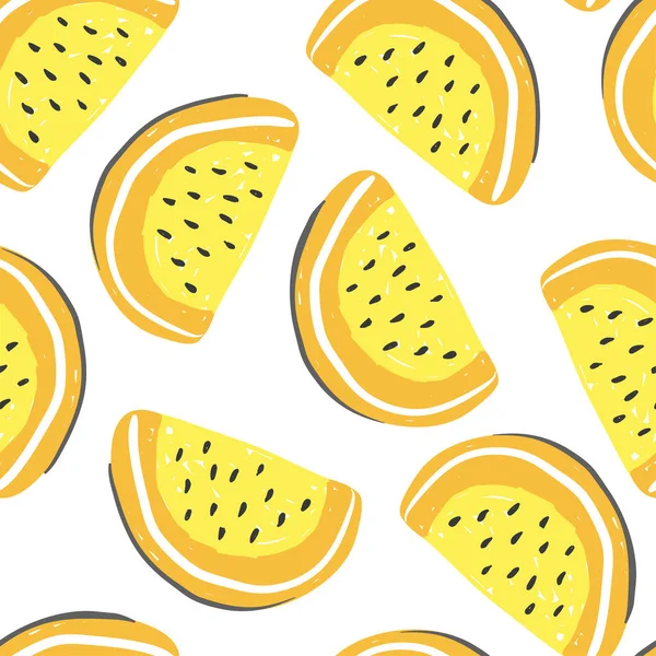 Melon d'eau et fruits exotiques motif sans couture. Pastèques fraîches jaunes et orange, fruits tropicaux détox d'été — Image vectorielle