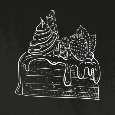 çilek, krema ve nane ile pasta. Tatlı güzel tatlı. Bir restoran veya Cafe menü için küçük resim. Hat sanatı. Taze çilek ile çocuk oyuncağı. Kroki tarzı