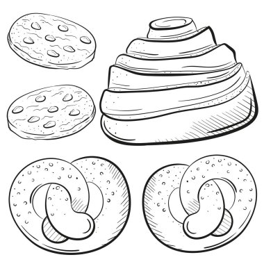 Ekmek rulo, çikolata, brecel vektör illüstrasyon izole beyaz arka plan kroki tarzı ile biscuiits. tatlı küçük bir restoran veya Cafe menü için. Hat sanatı