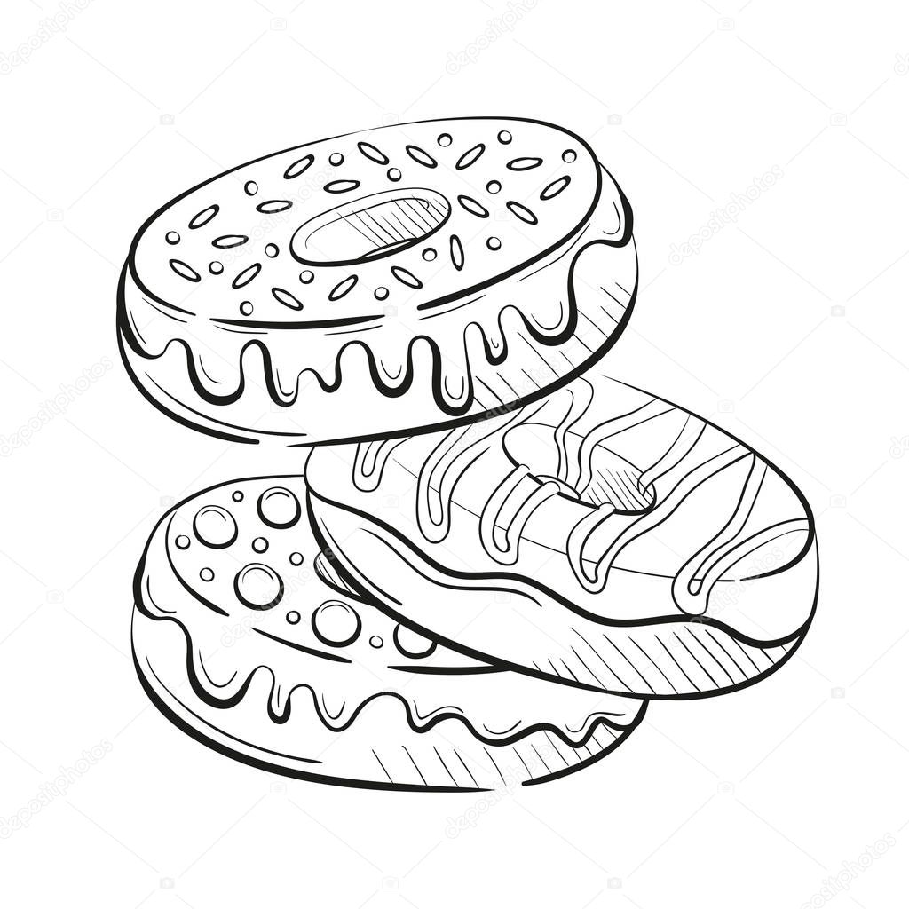 donuts with glaze and candies, cream and sweetmeats sprinkling. Sweet beautiful dessert. Clipart for a restaurant or cafe menu. Line art. Sketch style