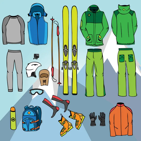 Equipo de esquí en vector, kit de esquí conjunto infográfico, esquí doo vector — Archivo Imágenes Vectoriales