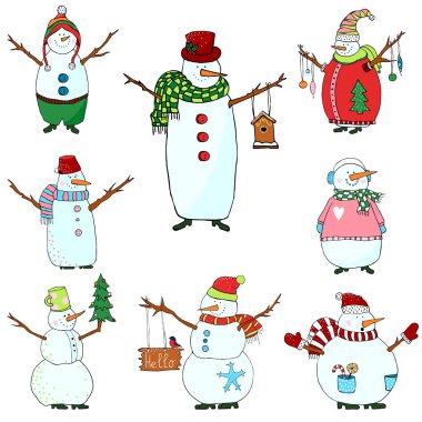 Beyaz arka planda, Noel tasarımı için izole kardan adam kardan adam ayarla.