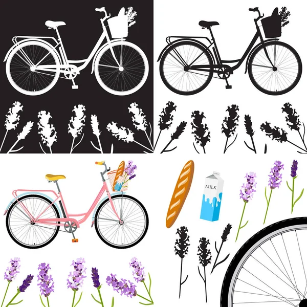 Подробный велосипед, романтический велосипед с цветами, велосипед на завтрак — стоковый вектор