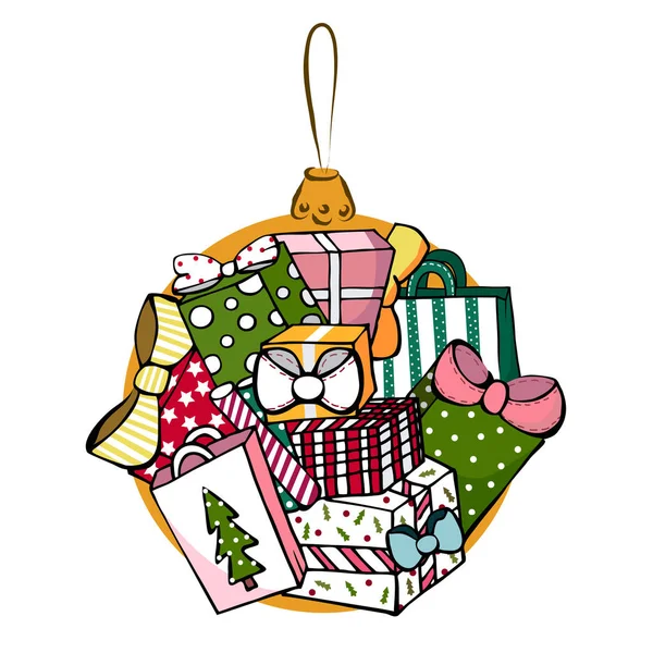 Viele Geschenke, bunte Weihnachtsgeschenke, Weihnachtskugel, Weihnachtsgeschenke, bunte Geschenkboxen. — Stockvektor