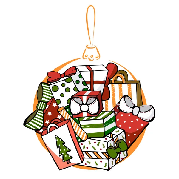 Muchos regalos, coloridos regalos de Navidad, bola de Navidad, regalo de Navidad, coloridas cajas de regalo . — Vector de stock
