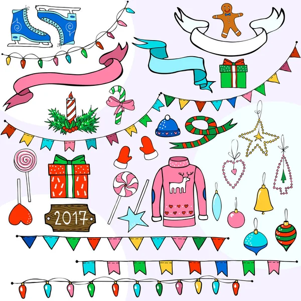 New year set, Christmas set with candies, flags, garlands, ribbons, tape, gift box and skates. — Stock Vector