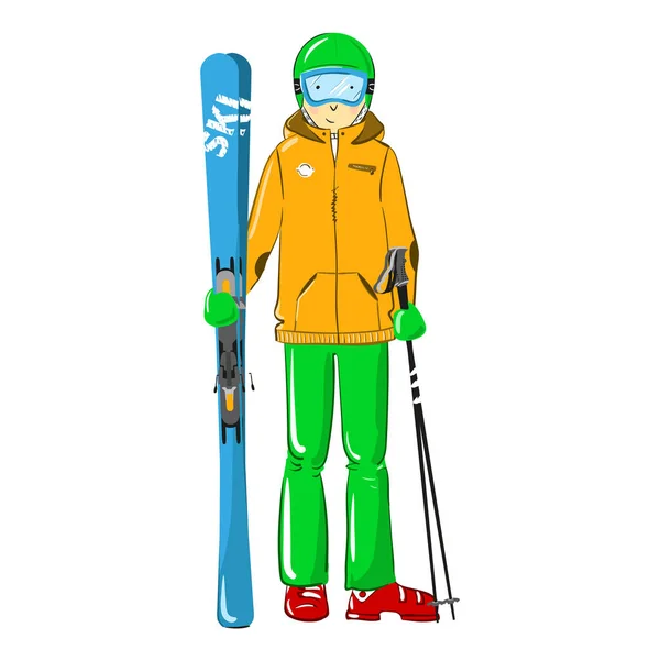 Skier isolated on white background. Sportsman with ski equipment. Winter activity mountain skiing. Ski kit — Stock Vector