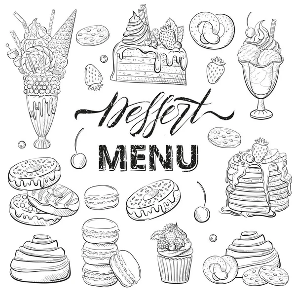 Süße schöne Desserts Set. Clipart für ein Restaurant oder Café-Menü. Zeilenkunst. Stück Kuchen mit frischen Beeren. Sketch-Stil Süßigkeiten Kollektion mit Kuchen, Donuts, Bäckerei — Stockvektor