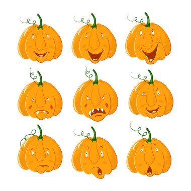 vektör kabak Cadılar Bayramı kutlama için farklı duygularla baş portre. Şirin halloween balkabağı beyaz arka plan üzerinde izole. Karikatür tarzı