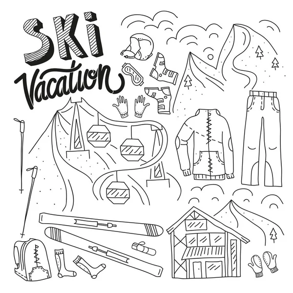 Лыжное снаряжение в векторе, инфографический комплект лыжного снаряжения, лыжные векторные каракули, векторная экипировка, комплект лыжной одежды — стоковый вектор