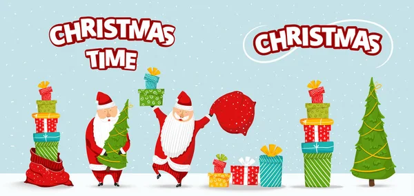 Conjunto de dibujos animados de Santa Claus. Divertido personaje feliz de Santa con árbol de Navidad, pila de regalos, bolsa con regalos, alegre, saludando y saludando. Para la invitación de año nuevo, tarjetas, banners, etiquetas y etiquetas — Vector de stock