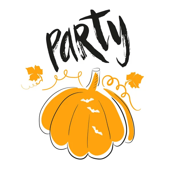 Halloween party eenvoudige kaart met oranje pompoen en belettering met de hand offerte op witte achtergrond — Stockvector