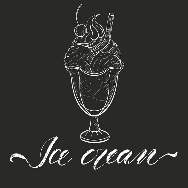ice cream in glass with candies and cream with inscription on dark background. Sweet beautiful dessert ice cream in sketch style isolate on white background. Clipart for a restaurant or caf menu. Line