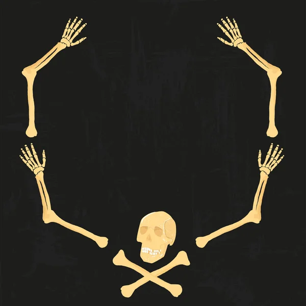 Vektorarmknochen menschliches Skelett Schädelrahmen isoliert auf schwarzem Grunge-Hintergrund. für Party-Design, Einladungskarten oder Etikettenanhänger — Stockvektor