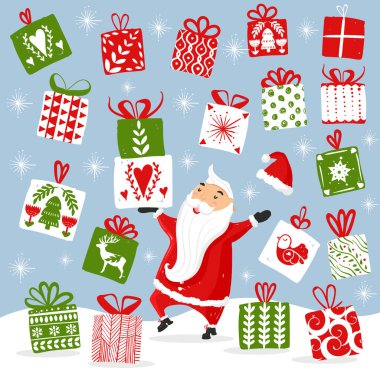 Dancing Santa and a stack of gifts, many gifts falling from the sky. Happy Santa Claus giving presents. Satisfied Santa is walking and jumping on the snow. Simple hand drawn illustration cartoon clipart