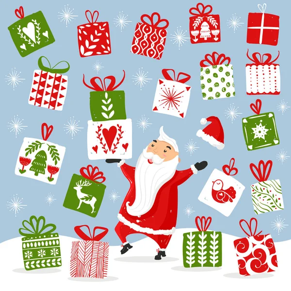 Bailando Santa y un montón de regalos, muchos regalos cayendo del cielo. Feliz Santa Claus dando regalos. Satisfecho Santa es caminar y saltar sobre la nieve. Dibujos animados ilustración dibujado a mano simple — Vector de stock