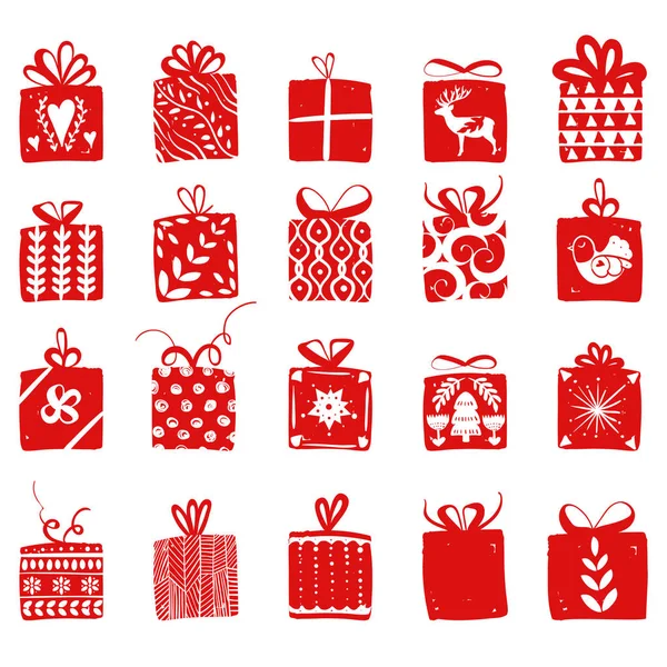Cajas de regalo simples rojas para celebraciones navideñas de estilo escandinavo nórdico. Navidad, regalos de año nuevo. Colección de cajas con decoración sencilla dibujada a mano — Vector de stock