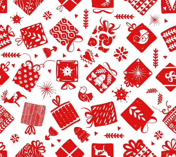 Red simple gift boxes for holiday celebrations Scandinavian Nordic style. Christmas, new year presents. Collection of boxes with simple decoration hand drawn. Seamless pattern for holiday wrapping