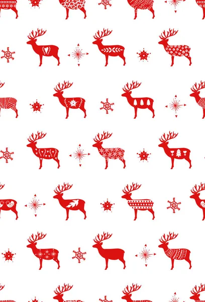 Cervo di Natale semplice rosso per feste in stile nordico scandinavo. Natale, arredamento di Capodanno. Modello senza cuciture con semplice decorazione disegnata a mano — Vettoriale Stock